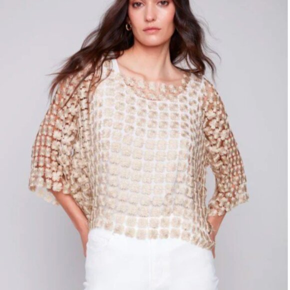 Madilyn Fine Textured Crochet Flowery Top Size Medium Lurex Gold - Picture 3 of 12